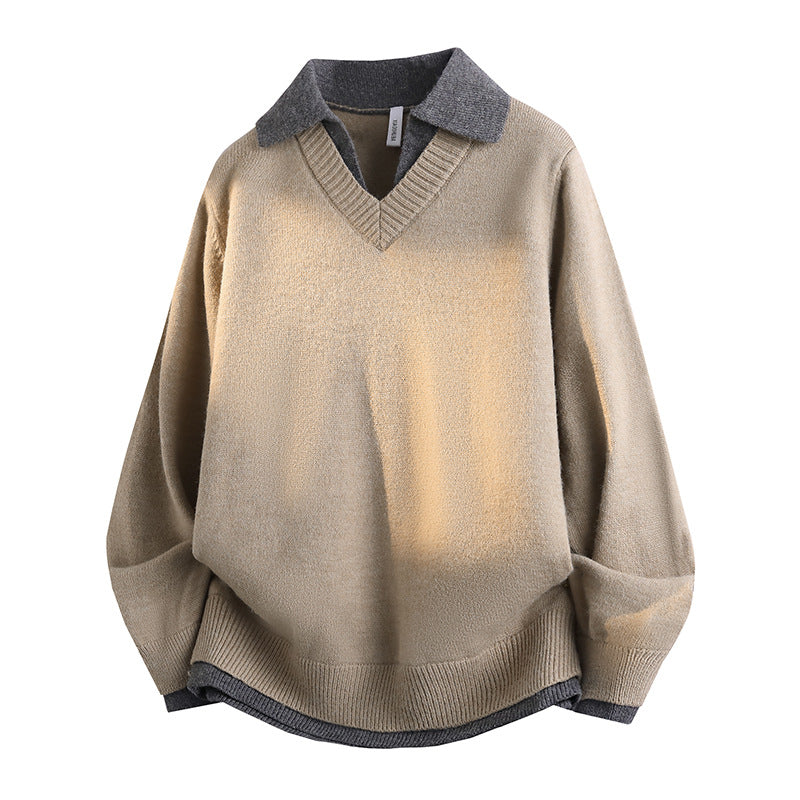 Unisex Lässiger Strukturstrick-Pullover mit offenem Polokragen und tiefem V-Ausschnitt Shop Nory