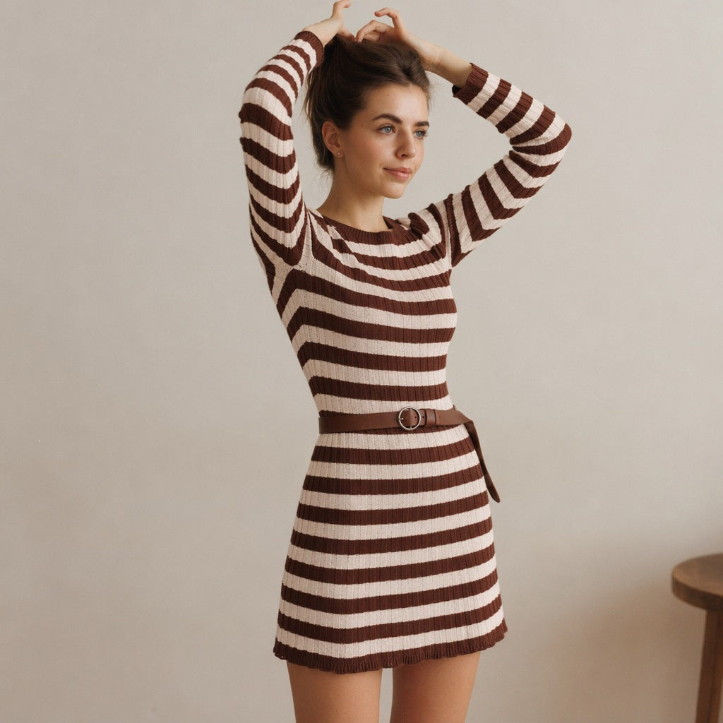 Damen figurbetontes geripptes Strickkleid mit Rundhalsausschnitt und langen Ärmeln Shop Nory