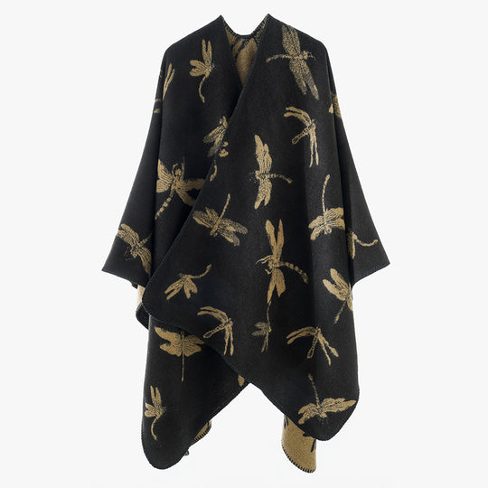 Damen Wollmix-Poncho mit Libellen-Jacquard und offenem Wasserfall-Schnitt Shop Nory
