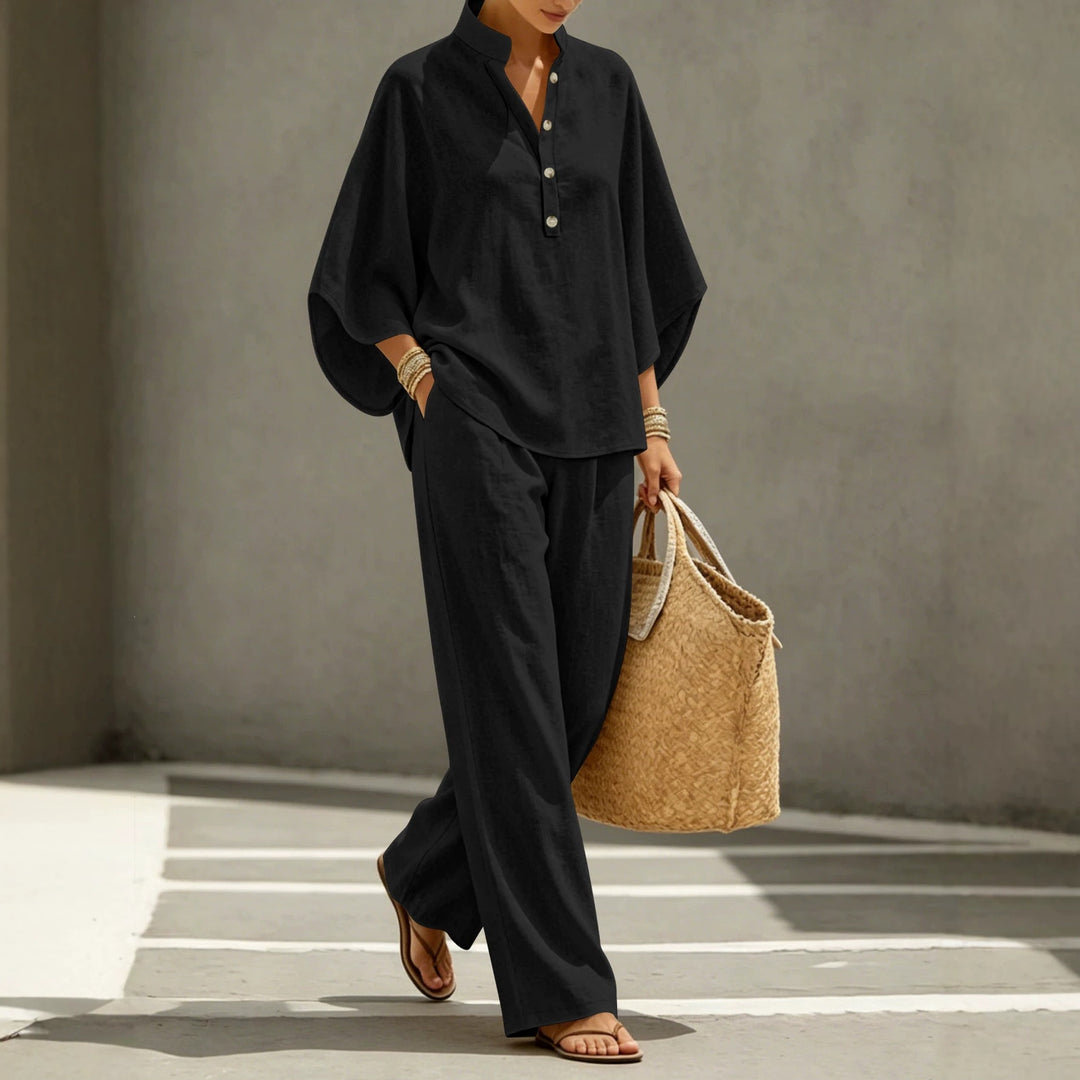 Damen Lässiges Zweiteiler‑Set mit Stehkragen‑Henleytop und weitem High‑Waist Palazzo‑Hose Shop Nory