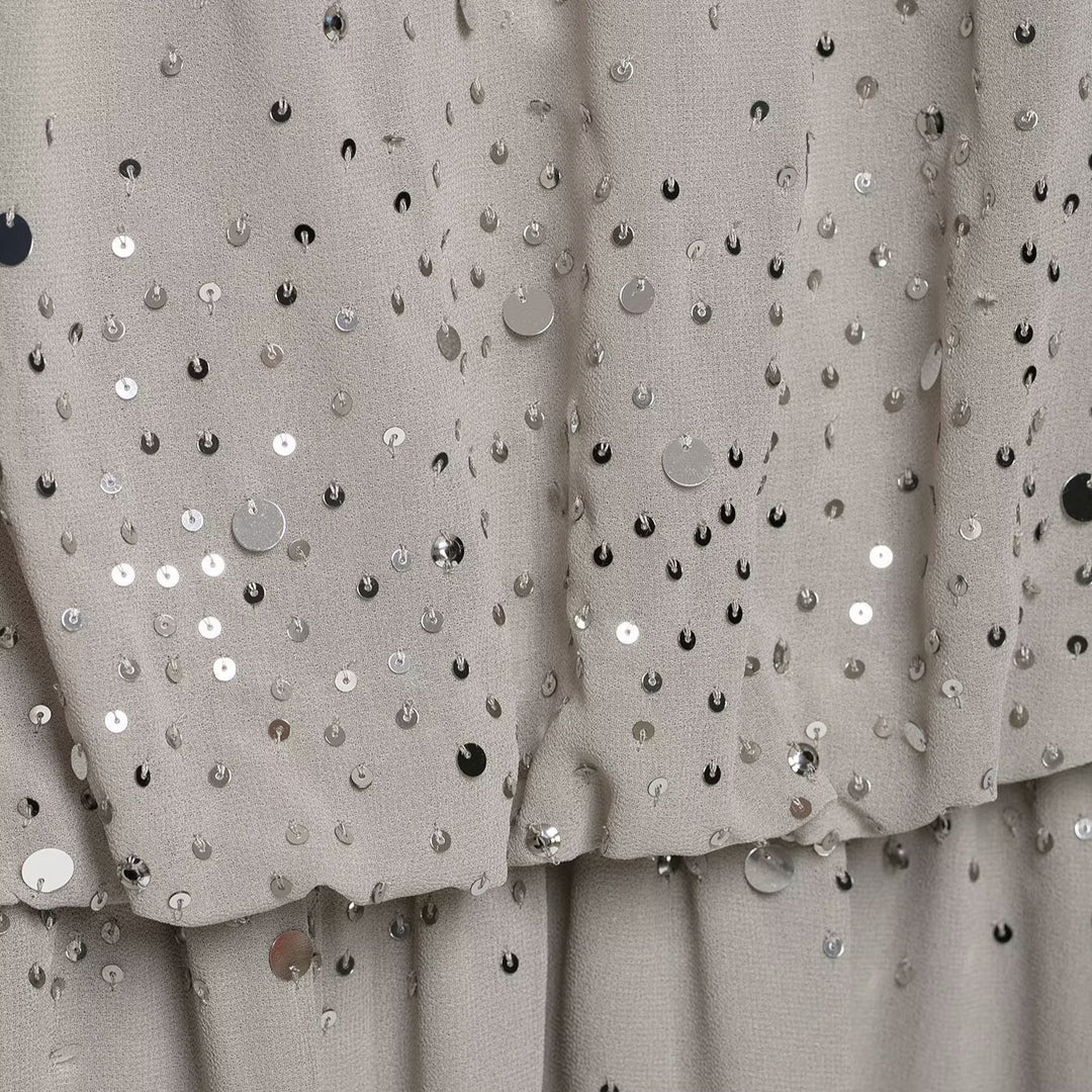 Damen Fließendes Chiffon-Minikleid mit Carmen-Ausschnitt, Volants und Pailletten Shop Nory