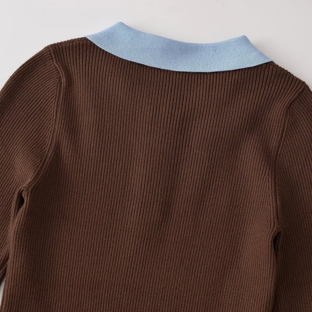 Damen Figurbetonter Rippstrick-Pullover mit Polokragen, Knopfleiste und Colorblock-Details Shop Nory