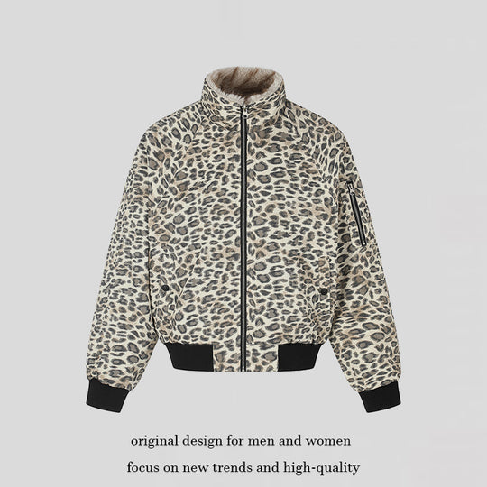Damen gesteppte Bomberjacke mit Kunstfell-Stehkragen, Allover-Leo-Print und Rippbündchen Shop Nory