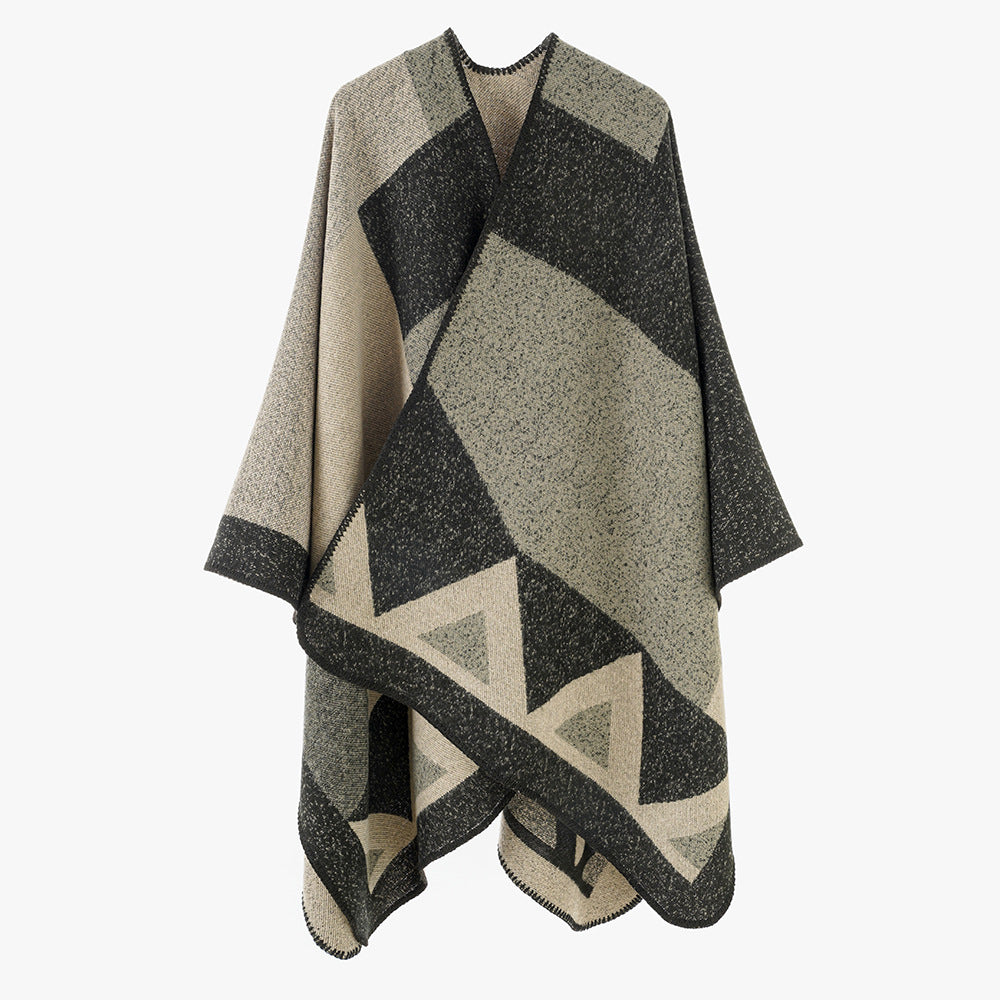 Damen Vielseitiger Wollmix-Überwurfponcho mit geometrischem Jacquard und offener Front Shop Nory