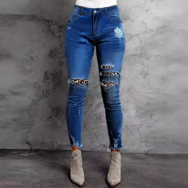 Damen Stretch-Skinny-Jeans mit High-Waist, Knie-Ripped-Details und Leo-Unterlage Shop Nory