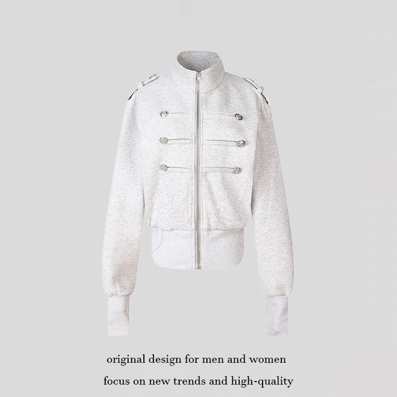 Damen Kurze Sweatjacke im Military‑Style mit Stehkragen und Zierpatten Shop Nory