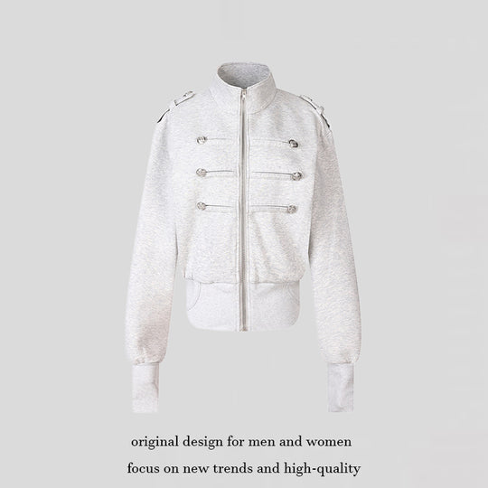 Damen Kurze Sweatjacke im Military‑Style mit Stehkragen und Zierpatten Shop Nory