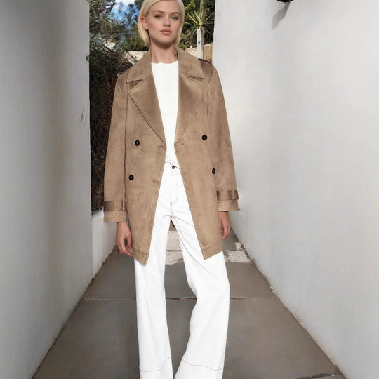 Damen Doppelreihiger Wildlederoptik-Trenchcoat mit Taillengürtel Shop Nory