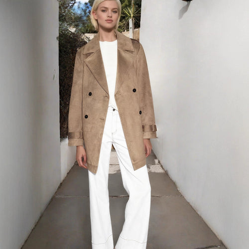 Damen Doppelreihiger Wildlederoptik-Trenchcoat mit Taillengürtel Shop Nory