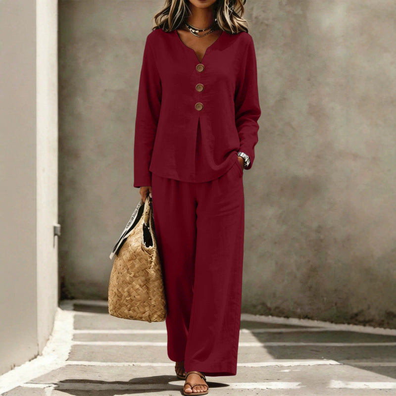 Damen Zweiteiliges Leinenoptik Lounge-Set mit V-Ausschnitt, Knopfbluse und weiten Palazzo-Hosen Shop Nory
