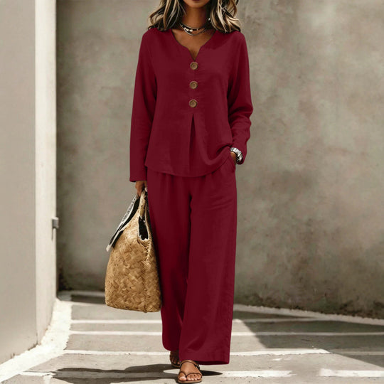 Damen Zweiteiliges Leinenoptik Lounge-Set mit V-Ausschnitt, Knopfbluse und weiten Palazzo-Hosen Shop Nory