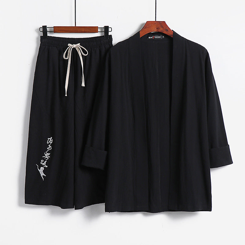 Damen Kimono-Set aus leichter Baumwollmischung offene Jacke mit lässig gekrempelten Ärmeln und weiter Haremshose mit Kordelzug Shop Nory