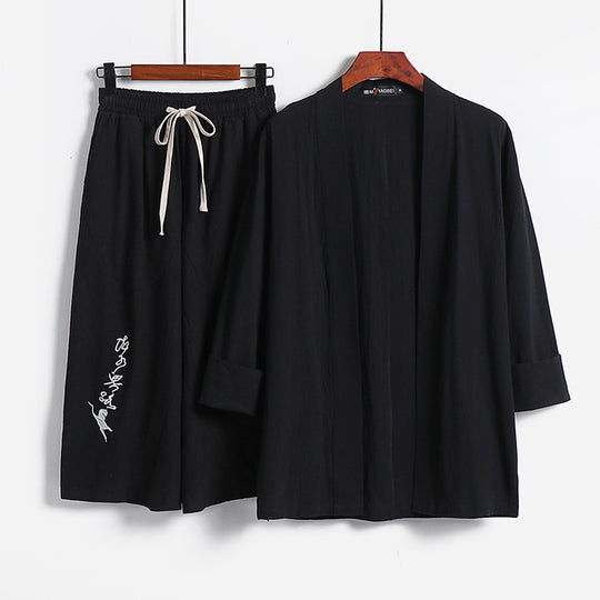 Damen Kimono-Set aus leichter Baumwollmischung offene Jacke mit lässig gekrempelten Ärmeln und weiter Haremshose mit Kordelzug Shop Nory