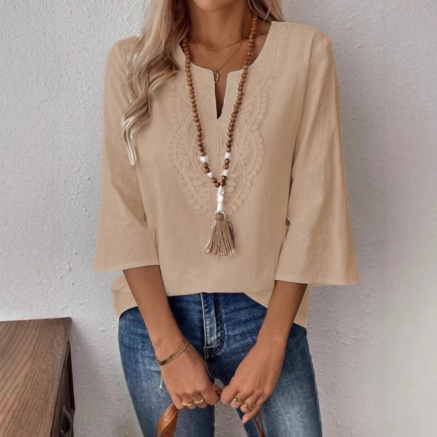 Damen Bestickte Leinen-Tunika mit V-Ausschnitt und dreiviertelärmeln Shop Nory