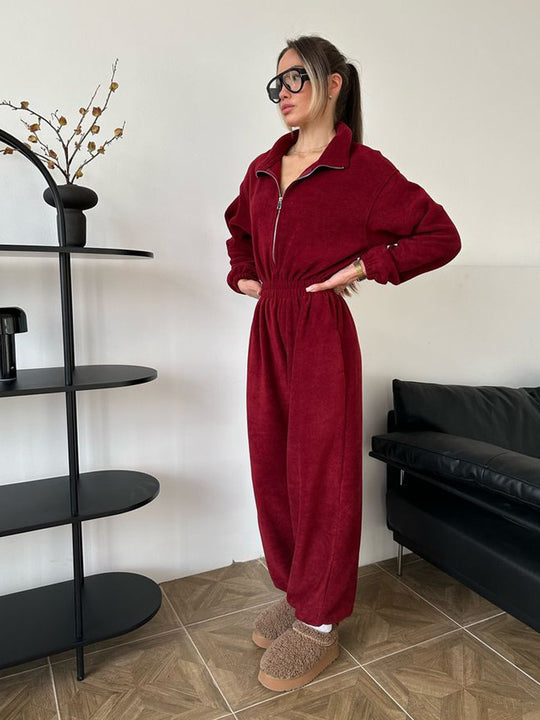 Damen kuscheliger Plüsch-Jumpsuit mit halbem Reißverschluss und elastischer Taille Shop Nory