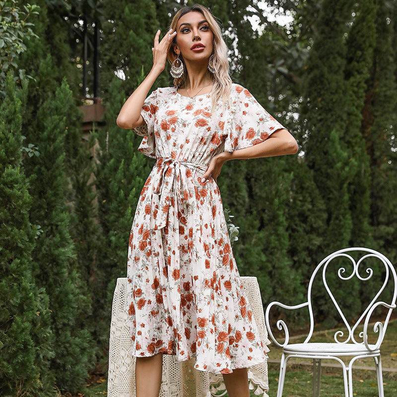 Damen Florales Midikleid mit Bindegürtel, Flatterärmeln und A-Linien-Schnitt Shop Nory