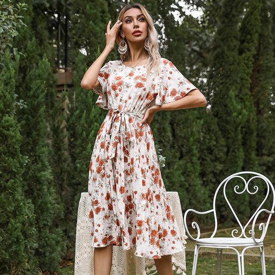 Damen Florales Midikleid mit Bindegürtel, Flatterärmeln und A-Linien-Schnitt Shop Nory