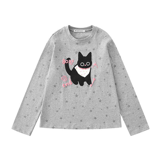 Damen Relaxed-Fit Longsleeve mit Cartoon-Katzenmotiv und tonalem Sternmuster Shop Nory