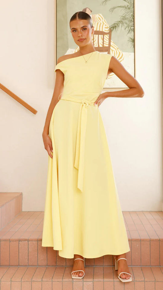 Damen Maxikleid mit schickem asymmetrischen Ausschnitt und eleganter Schleife