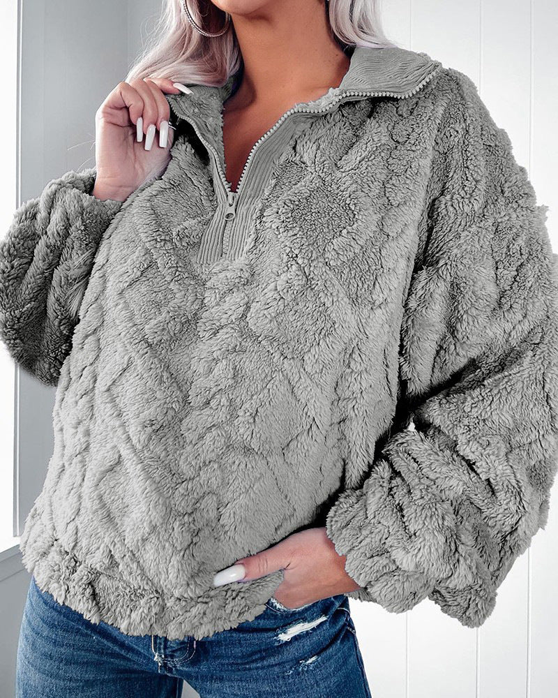 Damen nan Plüsch-Sherpa-Pullover mit halbem Reißverschluss, Stehkragen und oversized Silhouette Shop Nory