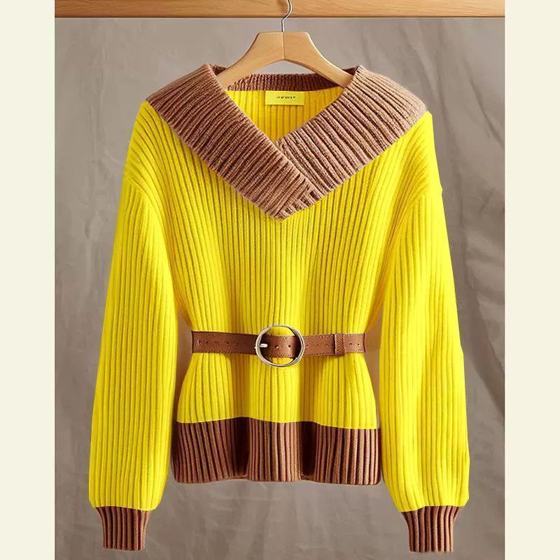 Damen Modischer und eleganter Strickpullover mit Gürtel Shop Nory