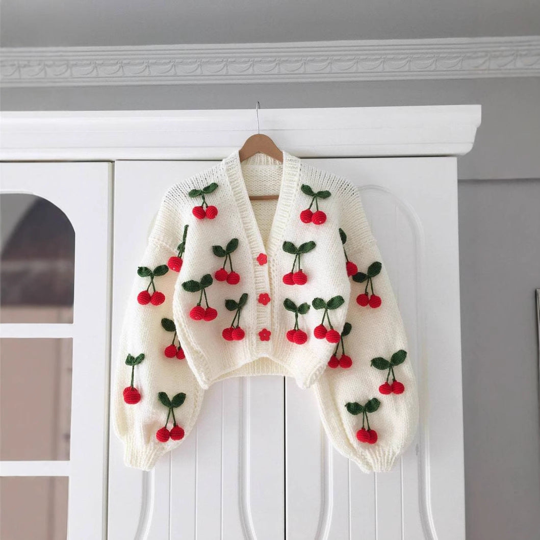 Damen Verspielter Strickcardigan mit Kirschen-Design