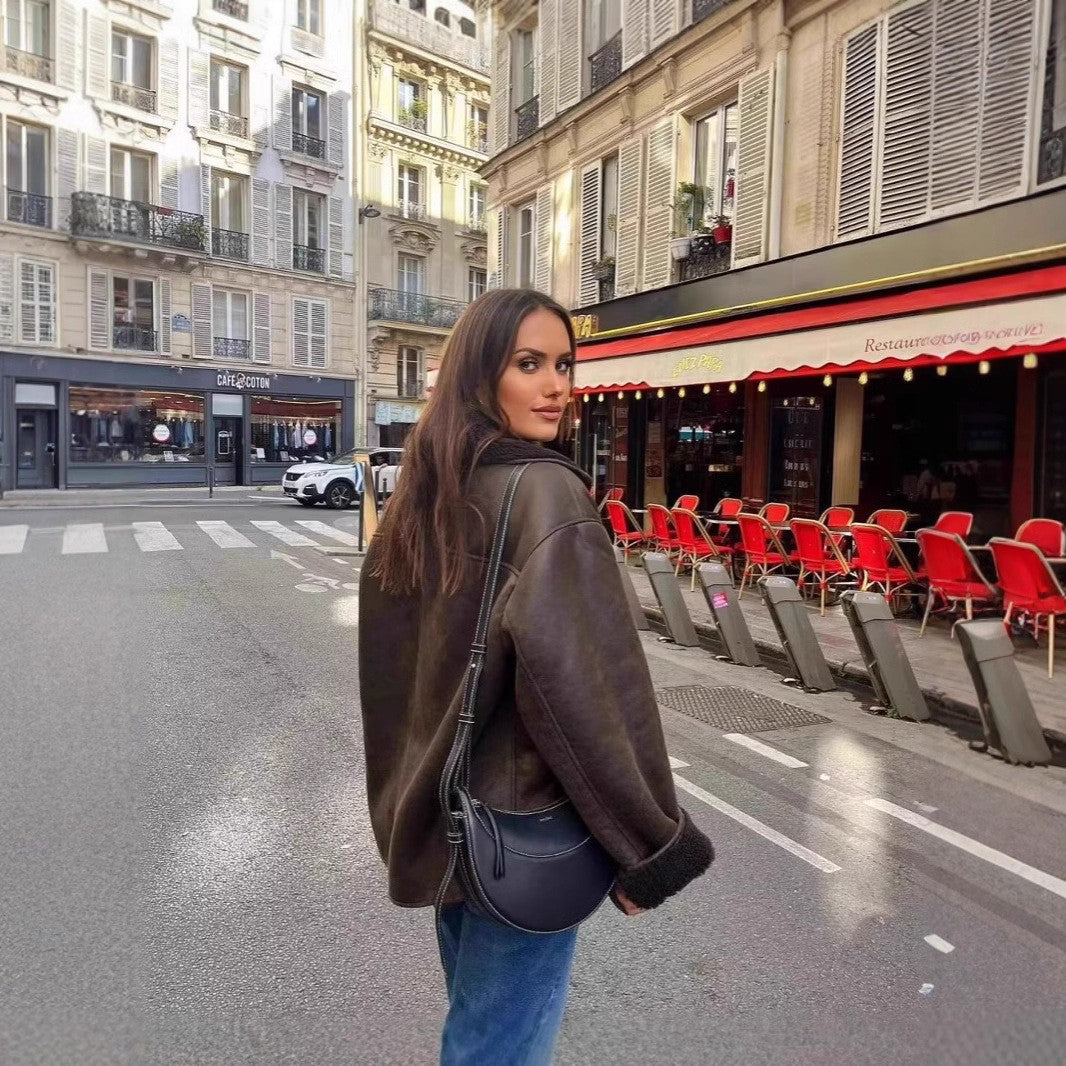 Damen nan Oversize Lammfellimitat Kunstlederjacke mit Sherpa-Kragen und Eingrifftaschen Shop Nory