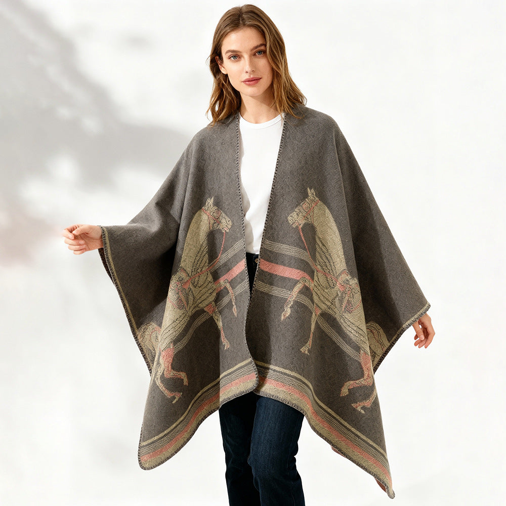 Damen Poncho-Cape aus Wollmix mit gewebtem Pferde-Jacquard und kontrastkettelung Shop Nory