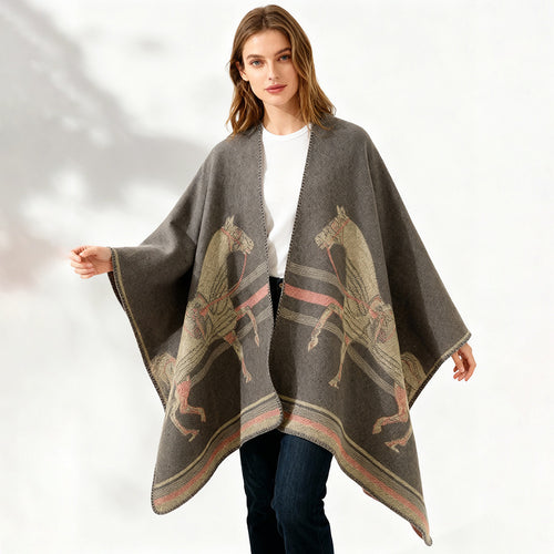 Damen Jacquard‑Poncho mit Pferdemotiv und weichem Wollmix Shop Nory