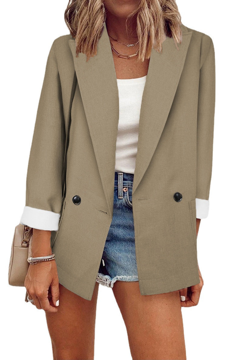 Damen Oversize Longline-Blazer mit 3/4-Ärmeln, Kontrastumschlag und aufgesetzten Taschen Shop Nory