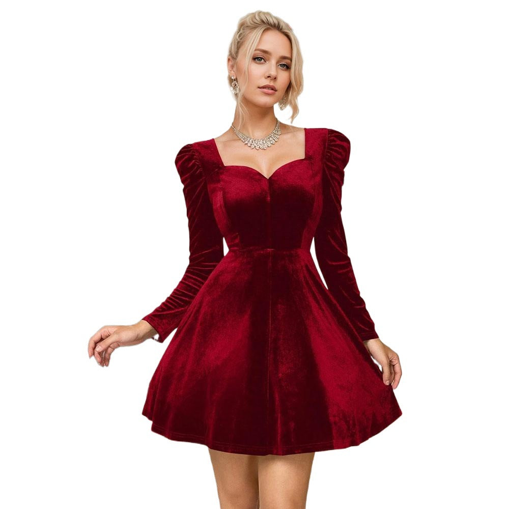 Damen Samt-Kurzkleid mit herzförmigem Dekolleté taillierter Korsagenoptik und voluminösen Puffärmeln Shop Nory