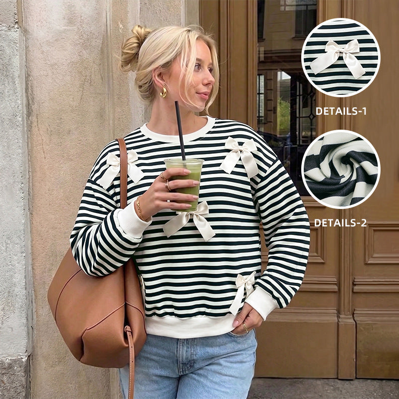 Damen Oversize Baumwoll-Sweatshirt mit maritimen Streifen und Zier-Schleifen Shop Nory