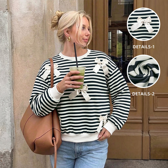 Damen Oversize Baumwoll-Sweatshirt mit maritimen Streifen und Zier-Schleifen Shop Nory
