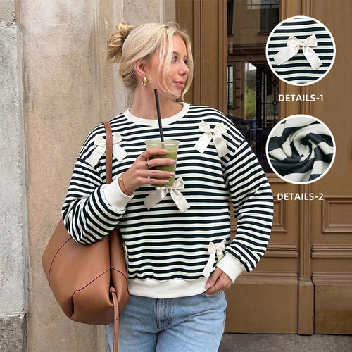 Damen Oversize Baumwoll-Sweatshirt mit maritimen Streifen und Zier-Schleifen Shop Nory