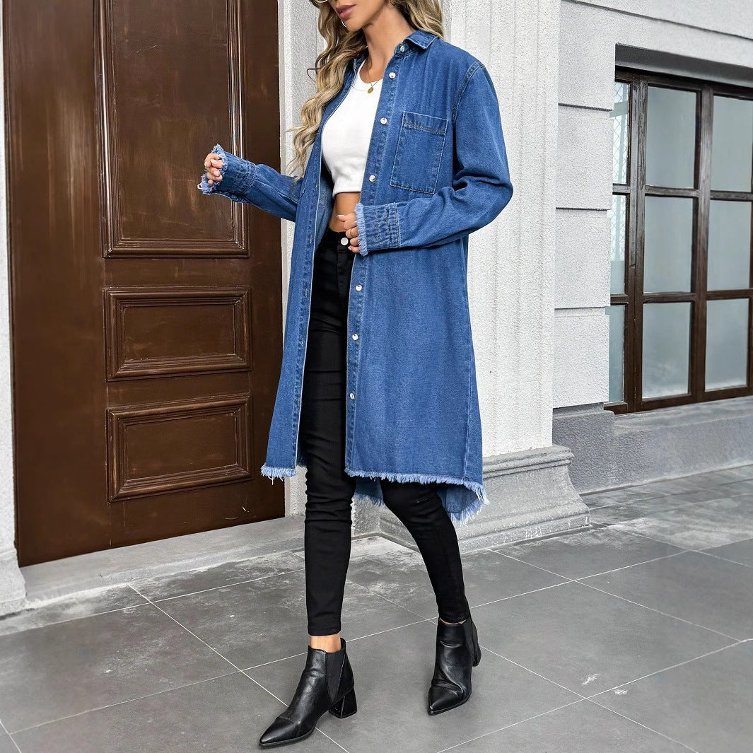 Damen Oversize Denim-Hemdjacke im Longline-Schnitt mit ausgefranstem Saum Shop Nory