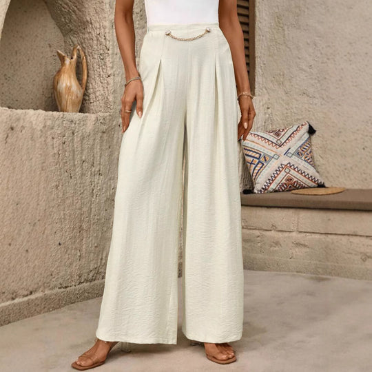 Damen High-Waist Palazzo-Hose mit weitem Bein, Bundfalten und Zierkettendetail Shop Nory