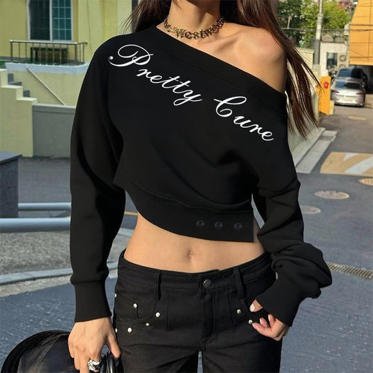 Damen kurzes Off-Shoulder-Sweatshirt mit asymmetrischem Ausschnitt und gerafftem Ärmel Shop Nory