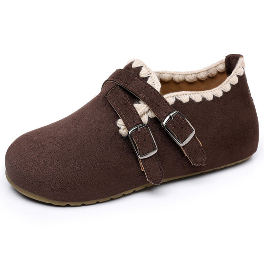 Damen nan Veloursledrige Hausschuh-Mokassin mit dekorativem Häkelrand und verstellbaren Doppelschnallen Shop Nory