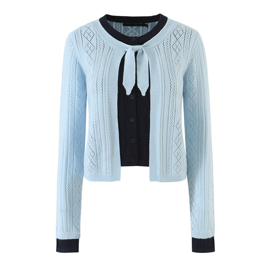 Damen Feinstrick-Zweiteiler Cardigan mit Schleifenkragen und Zierweste Shop Nory