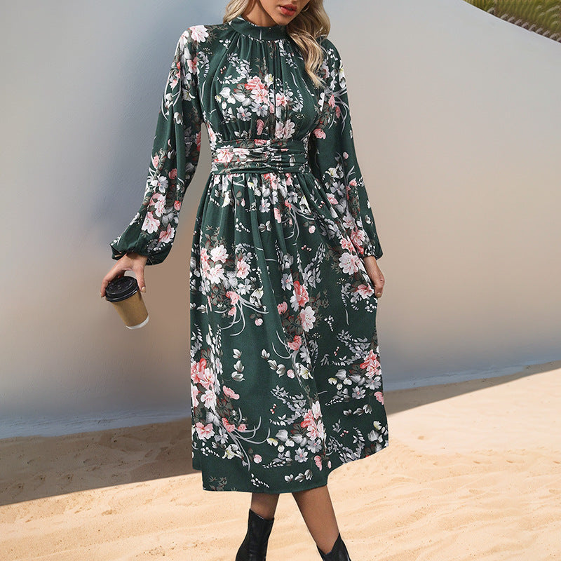 Damen Midikleid mit floralem Alloverprint, Stehkragen und Drapiertem Taillengürtel Shop Nory