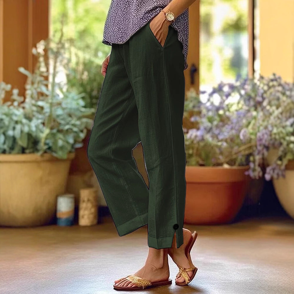 Damen Leinenhose mit lockerer, knöchellanger Passform, seitlichen Eingrifftaschen und Zierknopf-Details Shop Nory