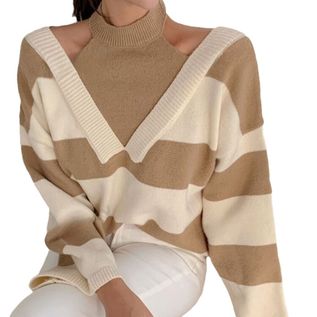 Damen Schulterfreier gestreifter Strickpullover mit Cut-Out-Schultern und V‑Einsatz Shop Nory
