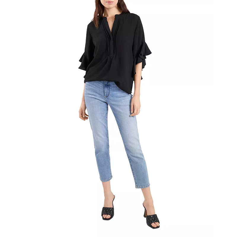 Damen Rüschen-Bluse mit V-Schlitz, lockerem Schnitt und Trompetenärmeln Shop Nory