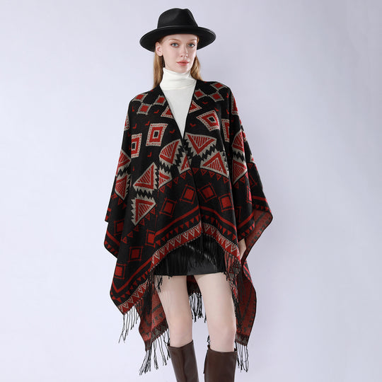 Damen Zweilagiger Kapuzen-Überwurf mit asymmetrischem Fransensaum und geometrischem Jacquard Shop Nory