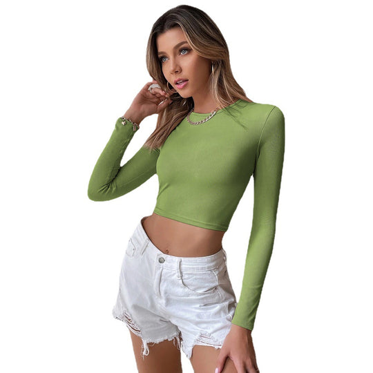 Damen eng anliegendes geripptes Cropped-Longsleeve mit Rundhals Shop Nory