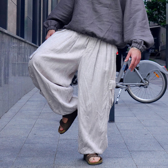 Herren Weite Leinen-Cargohose mit elastischem Bund, Falten und aufgesetzter Seitentasche Shop Nory