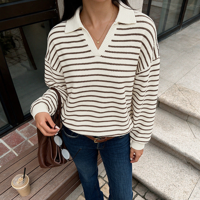 Damen Stylischer V-Ausschnitt Pullover mit Streifen Shop Nory