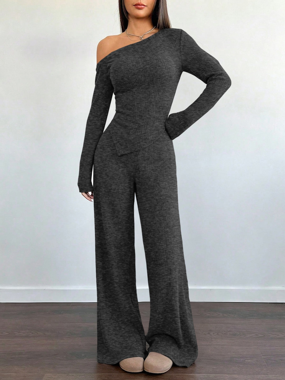 Damen Asymmetrisches Strick-Lounge-Set mit One-Shoulder-Oberteil und weitem Bein Shop Nory