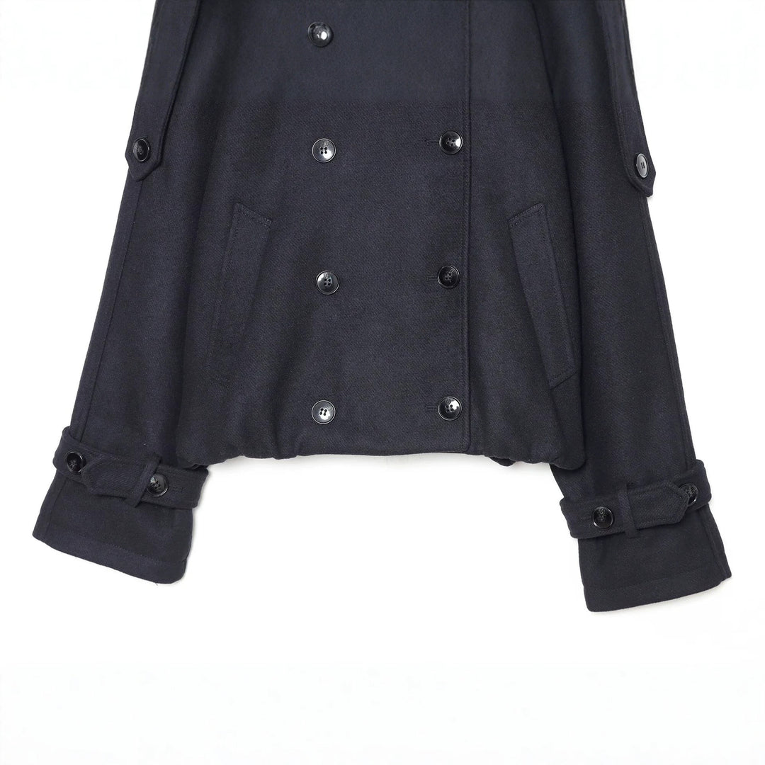 Damen Kurzer Doppelreihiger Cape‑Mantel mit hohem Stehkragen und Epauletten Shop Nory
