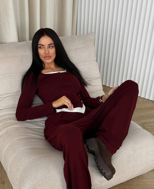 Damen Loungewear-Set aus weichem Modal mit Henley-Knopfleiste und weitem High-Waist Jogger Shop Nory